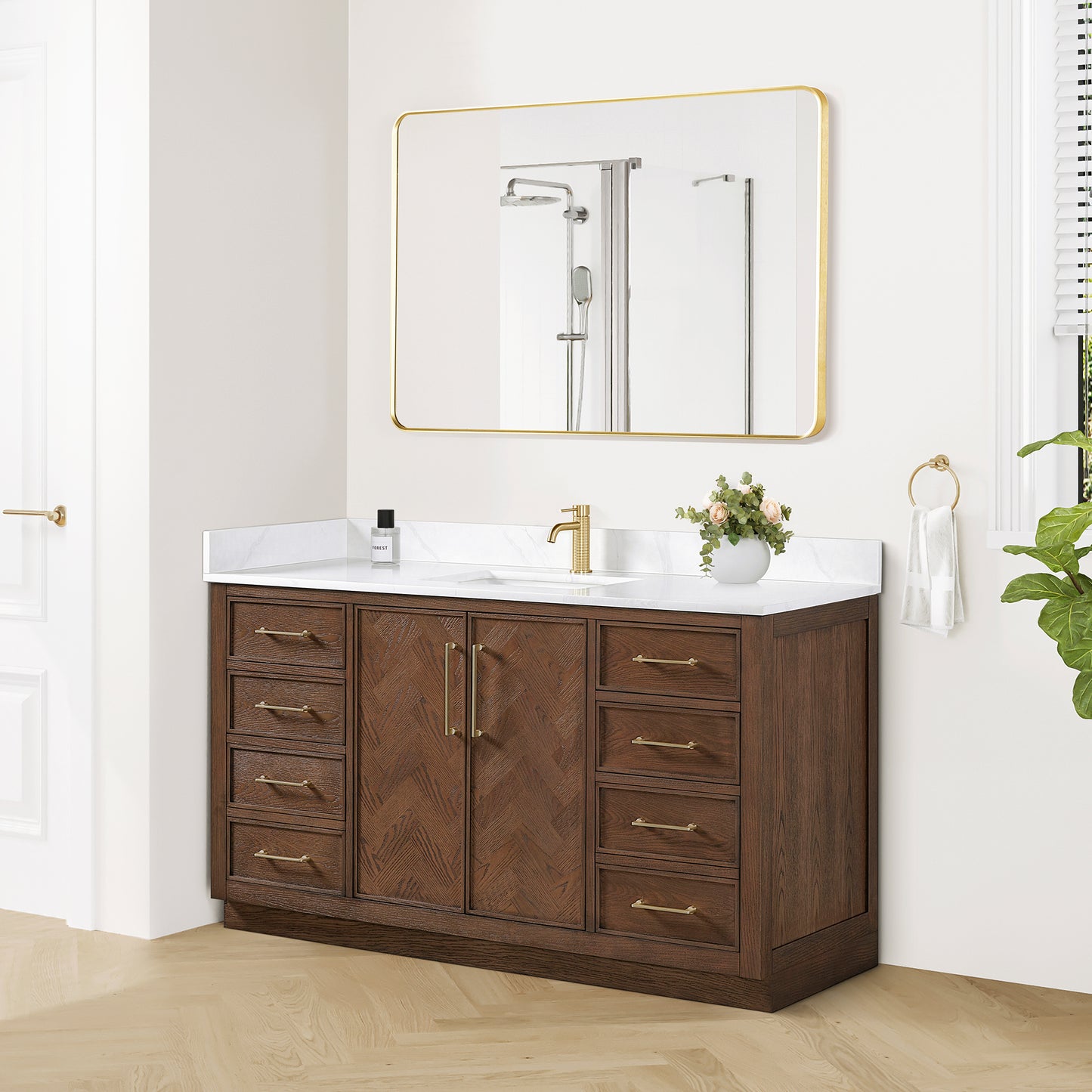 Vinnova, Jakarta 60" Freestanding Single Bath Vanity in Aged Dark Brown Oak with Silk White Quartz Stone Top