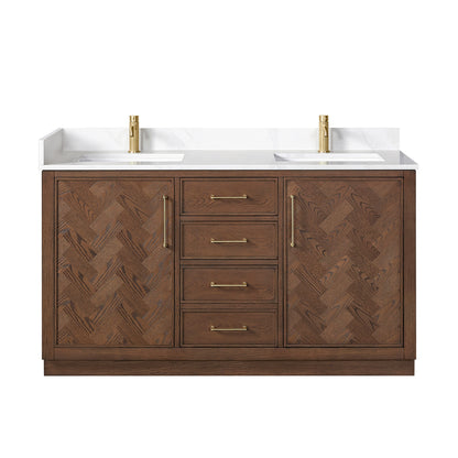 Vinnova, Jakarta 60M" Freestanding Double Bath Vanity in Aged Dark Brown Oak with Silk White Quartz Stone Top
