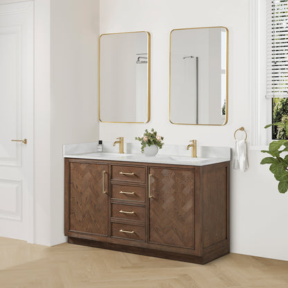 Vinnova, Jakarta 60M" Freestanding Double Bath Vanity in Aged Dark Brown Oak with Silk White Quartz Stone Top