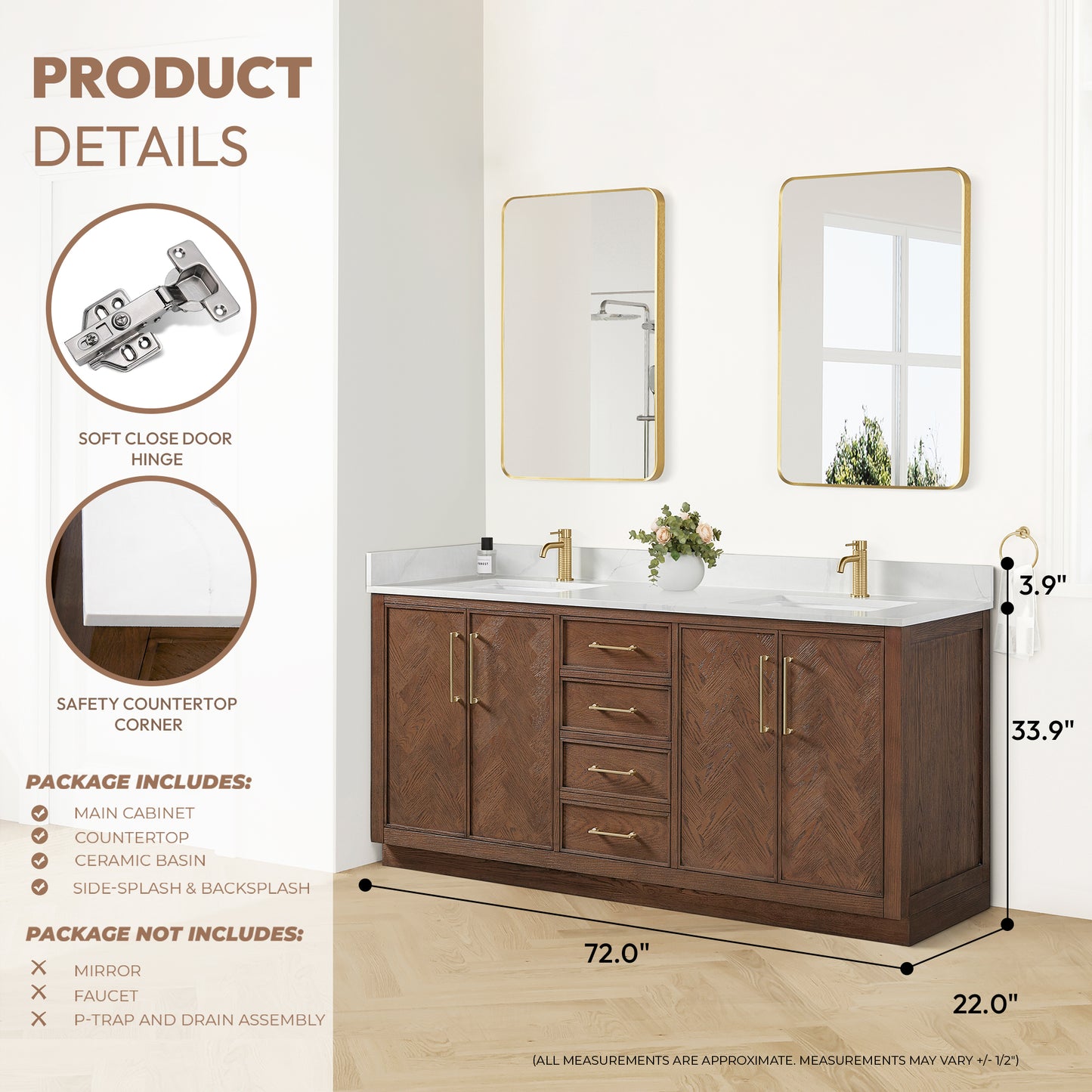Vinnova, Jakarta 72" Freestanding Double Bath Vanity in Aged Dark Brown Oak with Silk White Quartz Stone Top