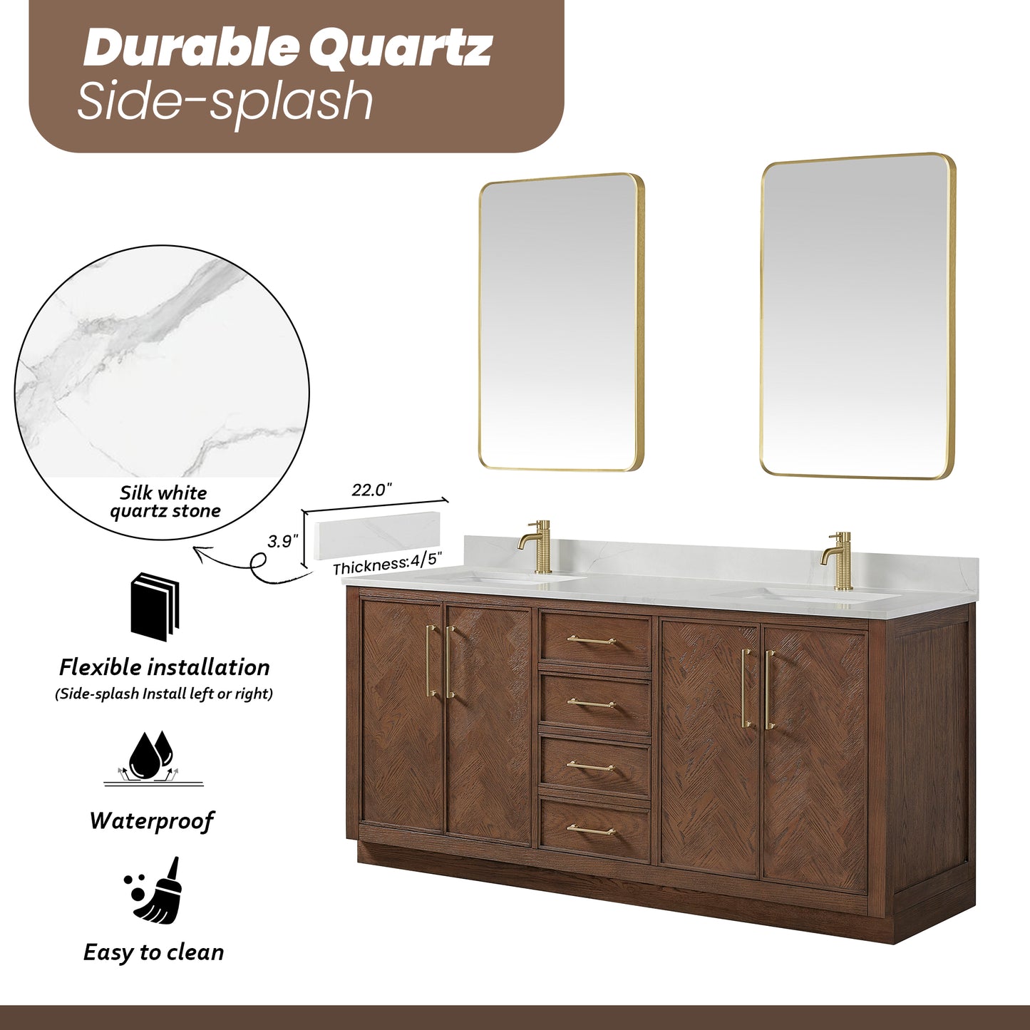 Vinnova, Jakarta 72" Freestanding Double Bath Vanity in Aged Dark Brown Oak with Silk White Quartz Stone Top