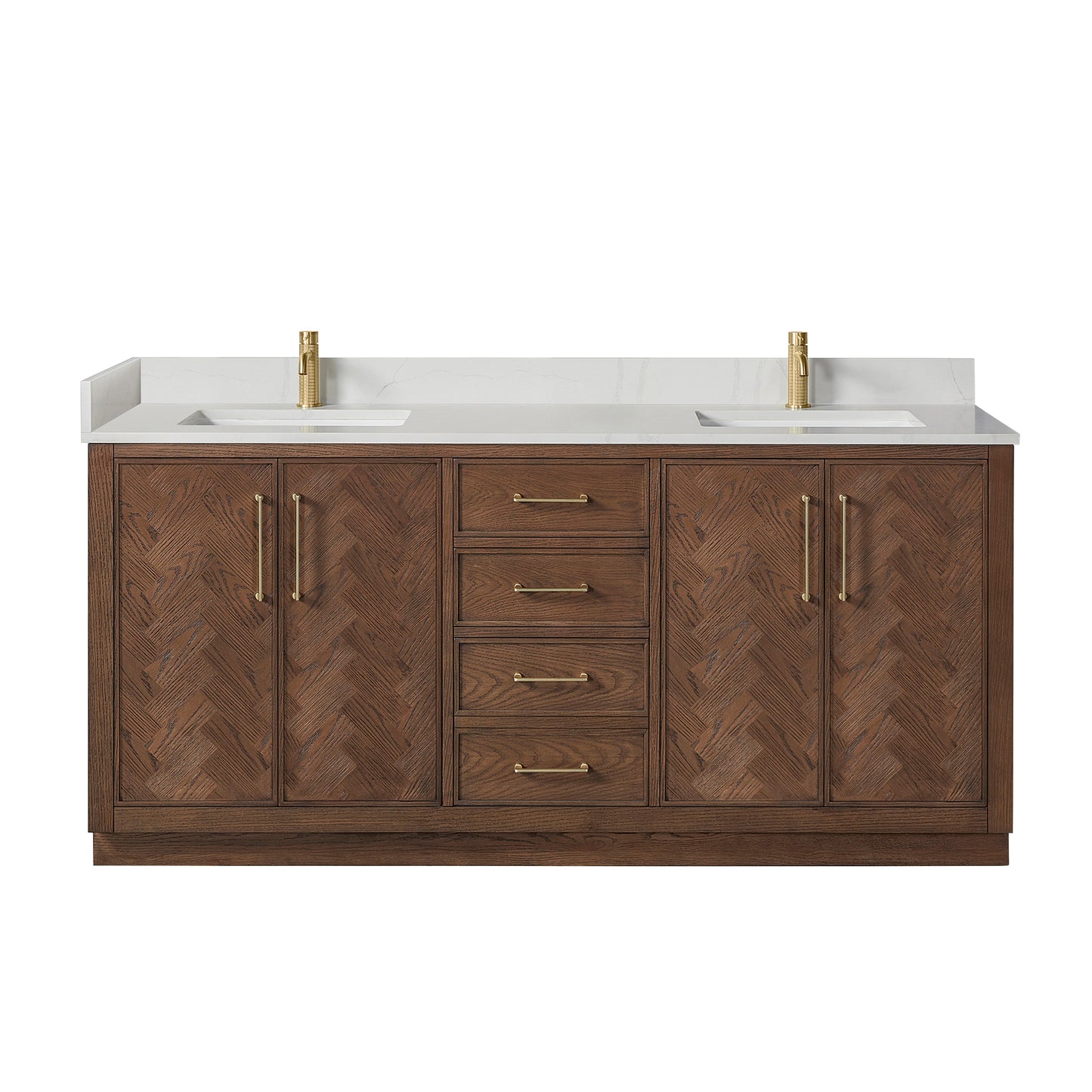Vinnova, Jakarta 72" Freestanding Double Bath Vanity in Aged Dark Brown Oak with Silk White Quartz Stone Top