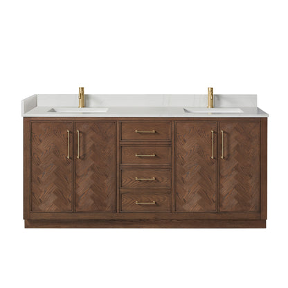 Vinnova, Jakarta 72" Freestanding Double Bath Vanity in Aged Dark Brown Oak with Silk White Quartz Stone Top