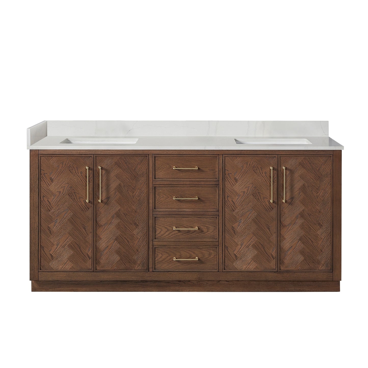 Vinnova, Jakarta 72" Freestanding Double Bath Vanity in Aged Dark Brown Oak with Silk White Quartz Stone Top