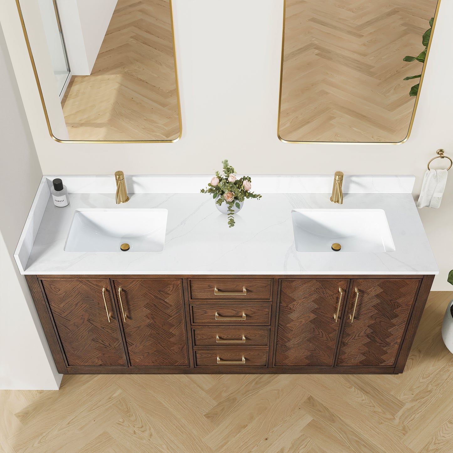Vinnova, Jakarta 72" Freestanding Double Bath Vanity in Aged Dark Brown Oak with Silk White Quartz Stone Top