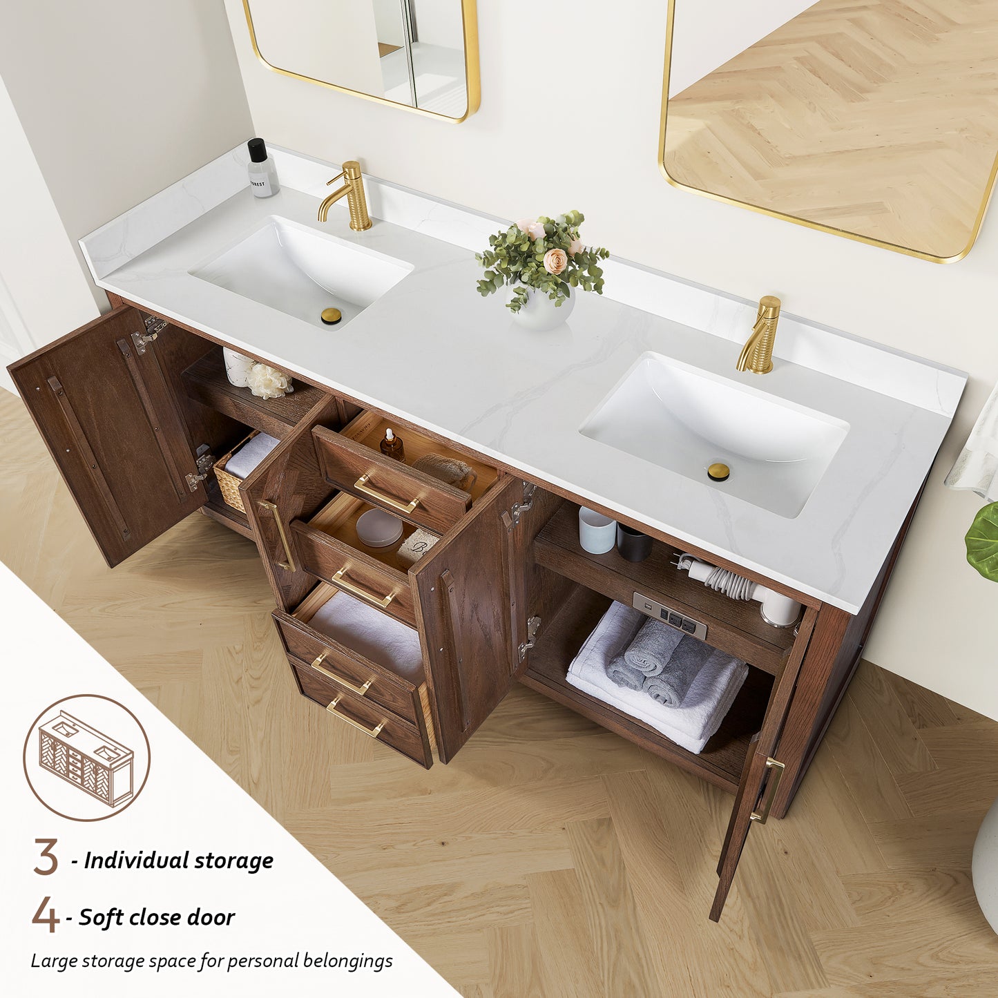 Vinnova, Jakarta 72" Freestanding Double Bath Vanity in Aged Dark Brown Oak with Silk White Quartz Stone Top