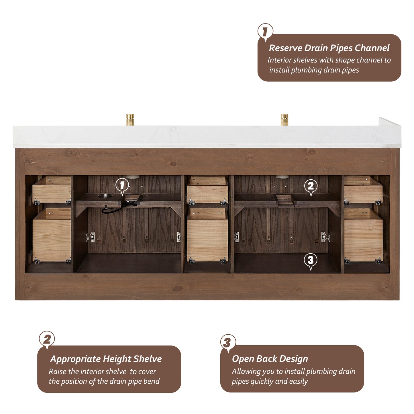 Vinnova, Jakarta 84" Freestanding Double Bath Vanity in Aged Dark Brown Oak with Silk White Quartz Stone Top