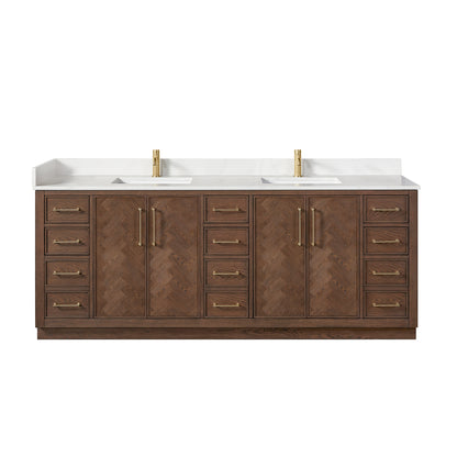 Vinnova, Jakarta 84" Freestanding Double Bath Vanity in Aged Dark Brown Oak with Silk White Quartz Stone Top