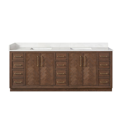 Vinnova, Jakarta 84" Freestanding Double Bath Vanity in Aged Dark Brown Oak with Silk White Quartz Stone Top