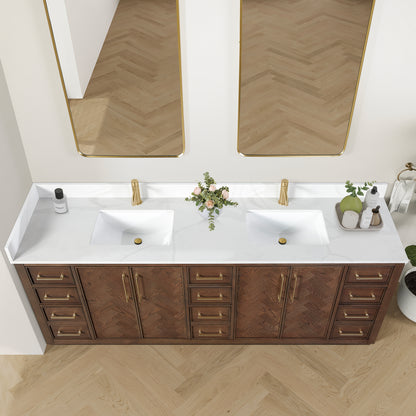 Vinnova, Jakarta 84" Freestanding Double Bath Vanity in Aged Dark Brown Oak with Silk White Quartz Stone Top