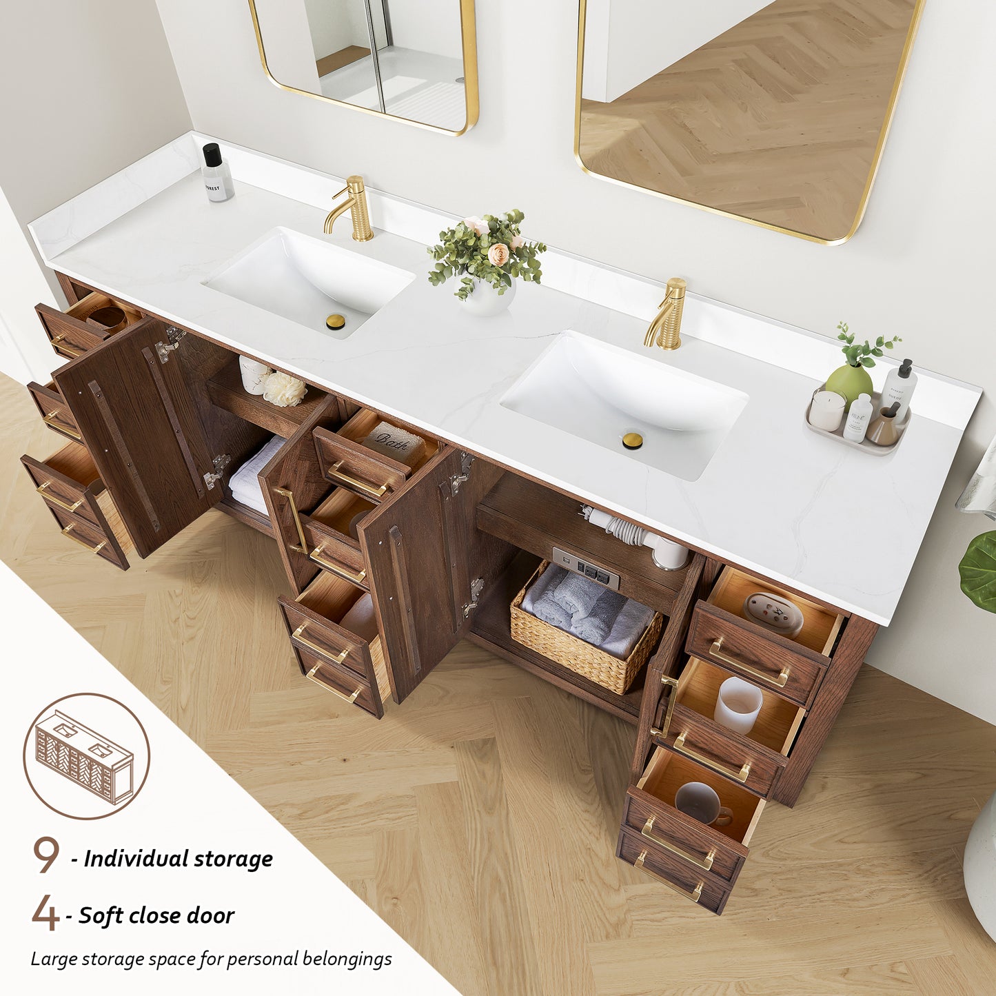 Vinnova, Jakarta 84" Freestanding Double Bath Vanity in Aged Dark Brown Oak with Silk White Quartz Stone Top