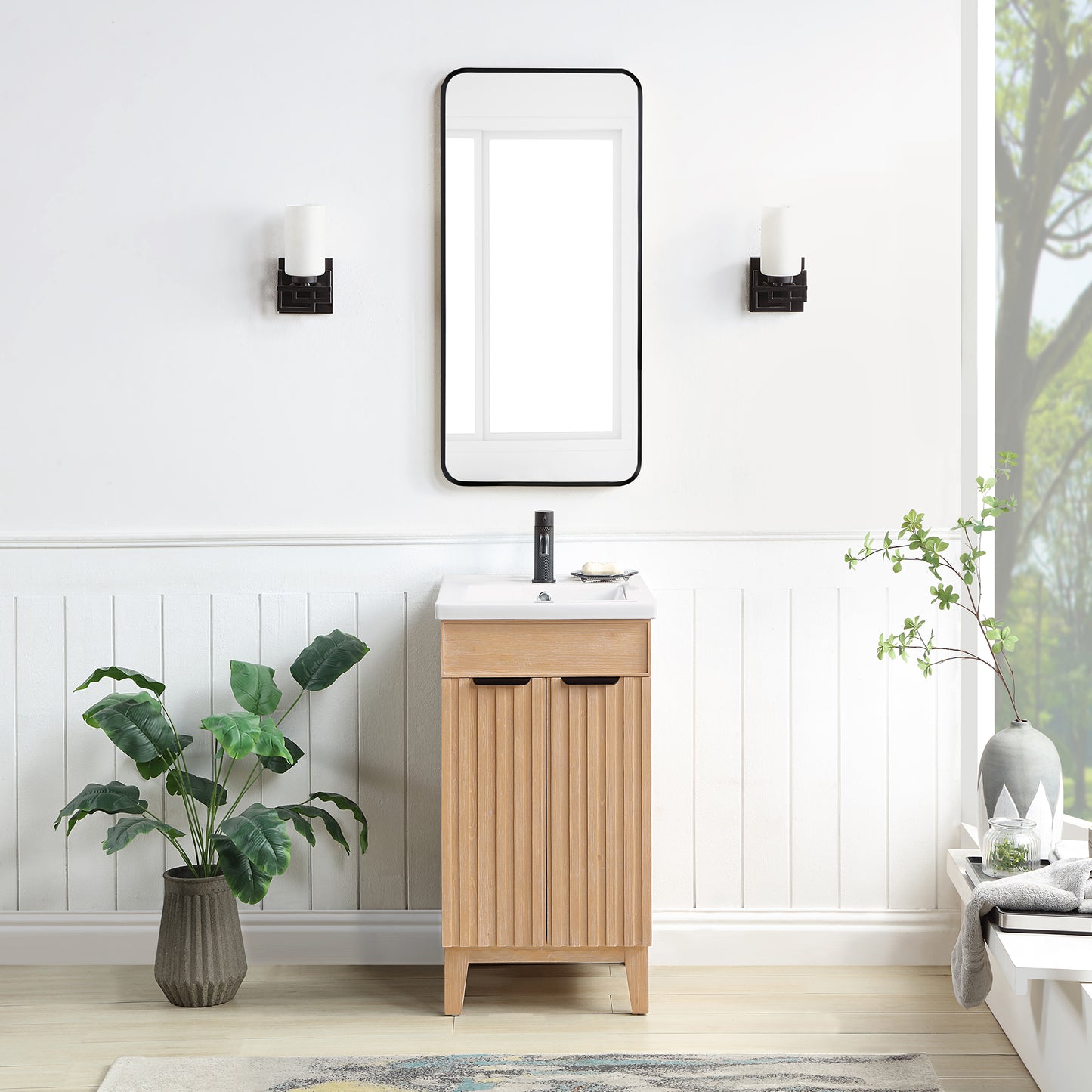 Vinnova, Palos 18" Free-standing Single Bath Vanity in Fir Wood Brown with Drop-In White Ceramic Basin Top