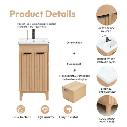Vinnova, Palos 18" Free-standing Single Bath Vanity in Fir Wood Brown with Drop-In White Ceramic Basin Top