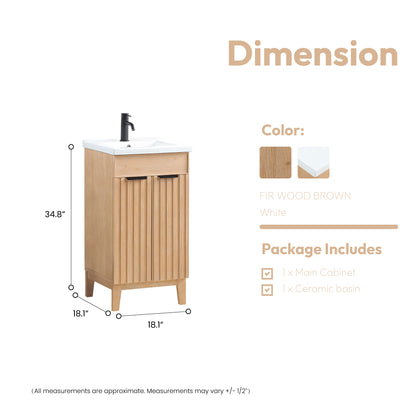 Vinnova, Palos 18" Free-standing Single Bath Vanity in Fir Wood Brown with Drop-In White Ceramic Basin Top