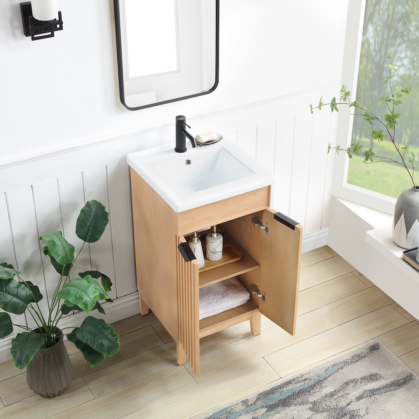 Vinnova, Palos 18" Free-standing Single Bath Vanity in Fir Wood Brown with Drop-In White Ceramic Basin Top
