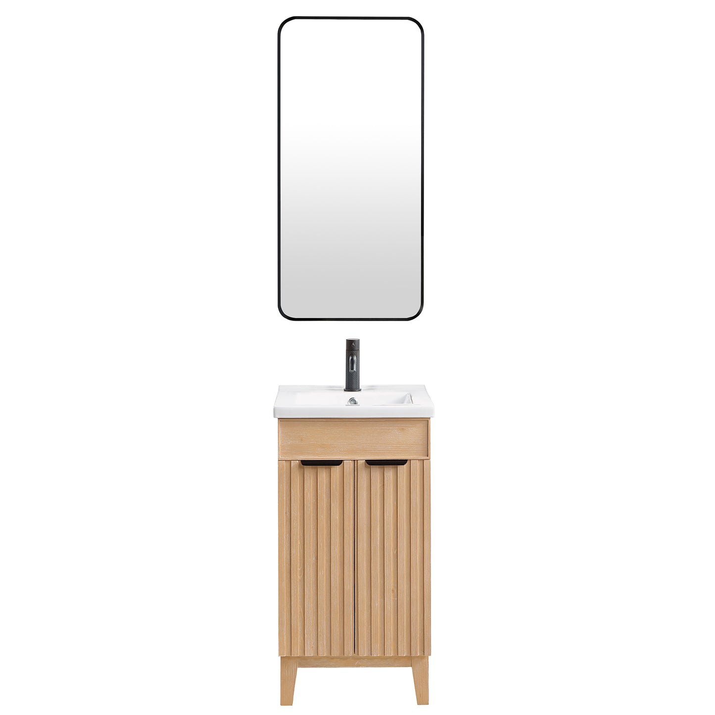 Vinnova, Palos 18" Free-standing Single Bath Vanity in Fir Wood Brown with Drop-In White Ceramic Basin Top and Mirror