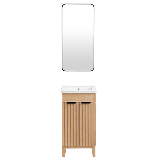 Vinnova, Palos 18" Free-standing Single Bath Vanity in Fir Wood Brown with Drop-In White Ceramic Basin Top and Mirror