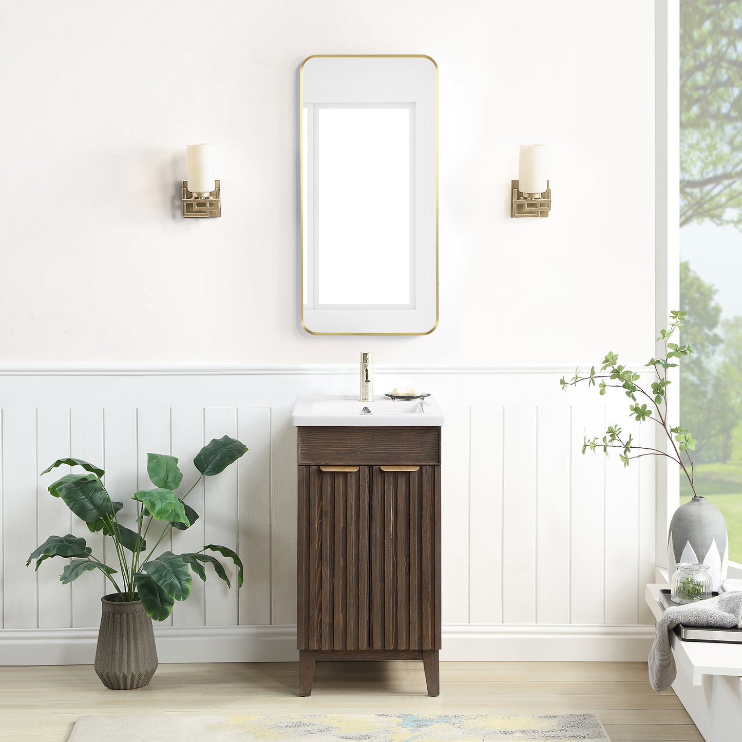 Vinnova, Palos 18" Free-standing Single Bath Vanity in Spruce Aged Brown with Drop-In White Ceramic Basin Top