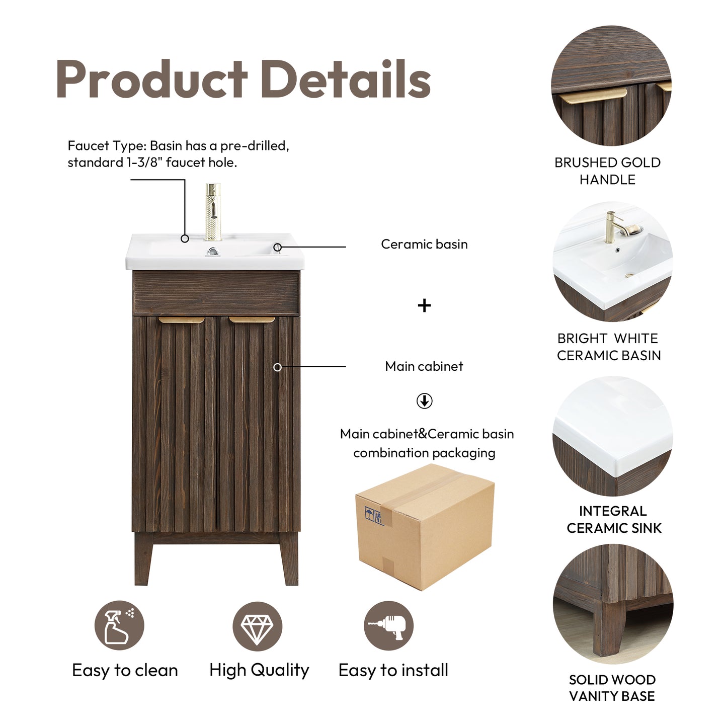 Vinnova, Palos 18" Free-standing Single Bath Vanity in Spruce Aged Brown with Drop-In White Ceramic Basin Top