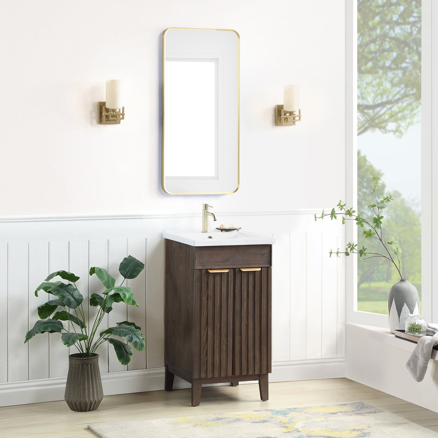 Vinnova, Palos 18" Free-standing Single Bath Vanity in Spruce Aged Brown with Drop-In White Ceramic Basin Top