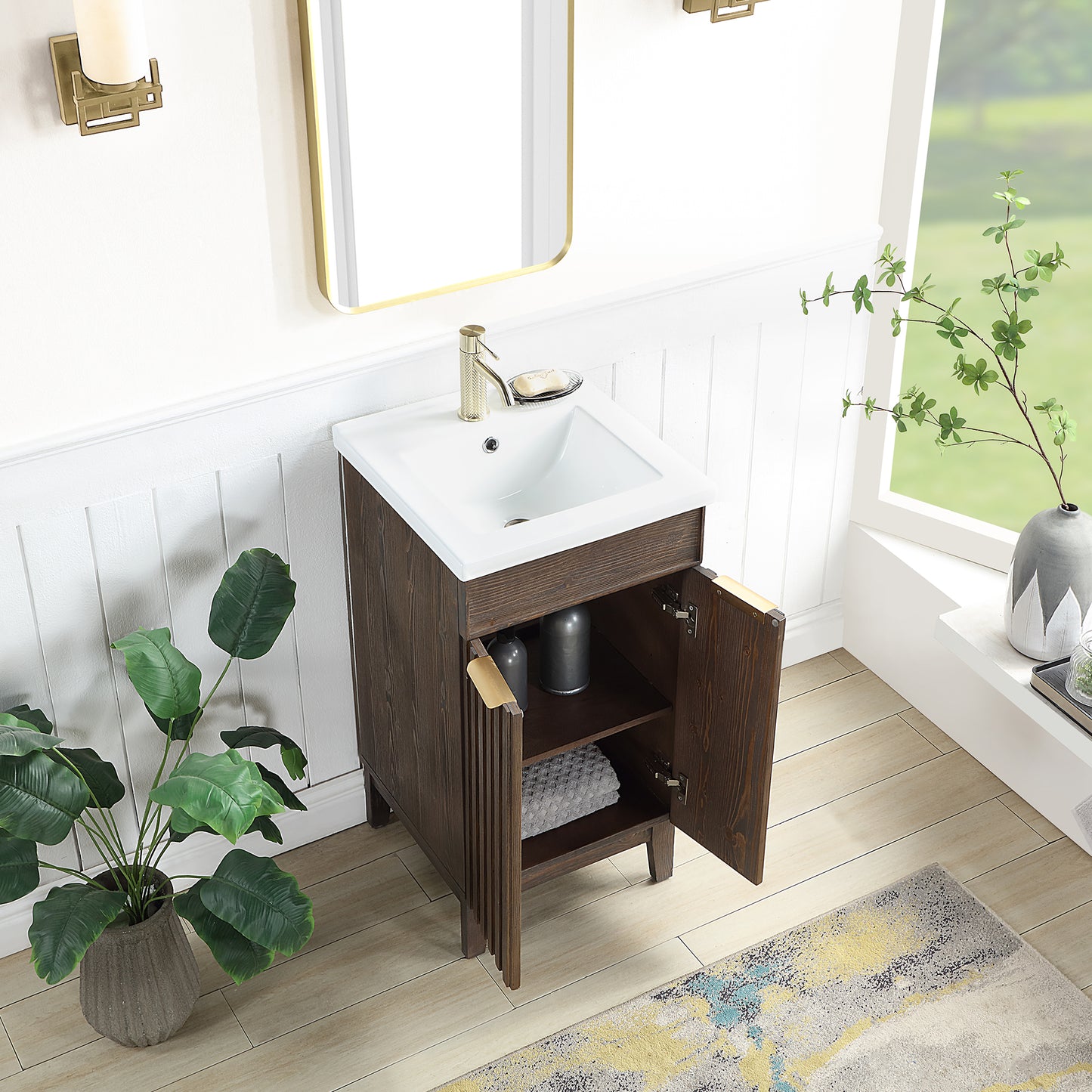 Vinnova, Palos 18" Free-standing Single Bath Vanity in Spruce Aged Brown with Drop-In White Ceramic Basin Top