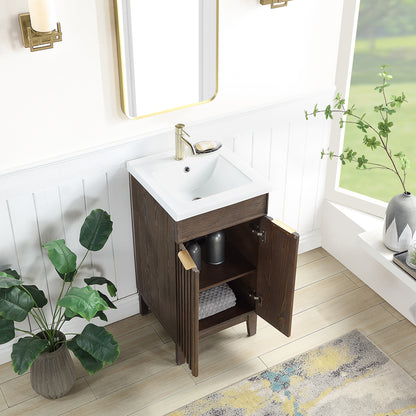 Vinnova, Palos 18" Free-standing Single Bath Vanity in Spruce Aged Brown with Drop-In White Ceramic Basin Top