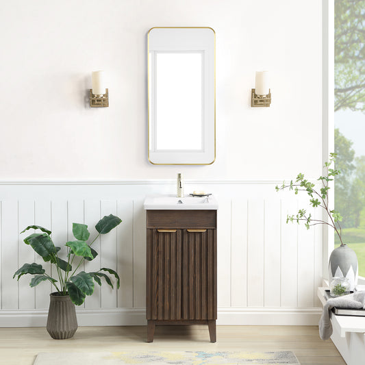 Vinnova, Palos 18" Free-standing Single Bath Vanity in Spruce Aged Brown with Drop-In White Ceramic Basin Top and Mirror