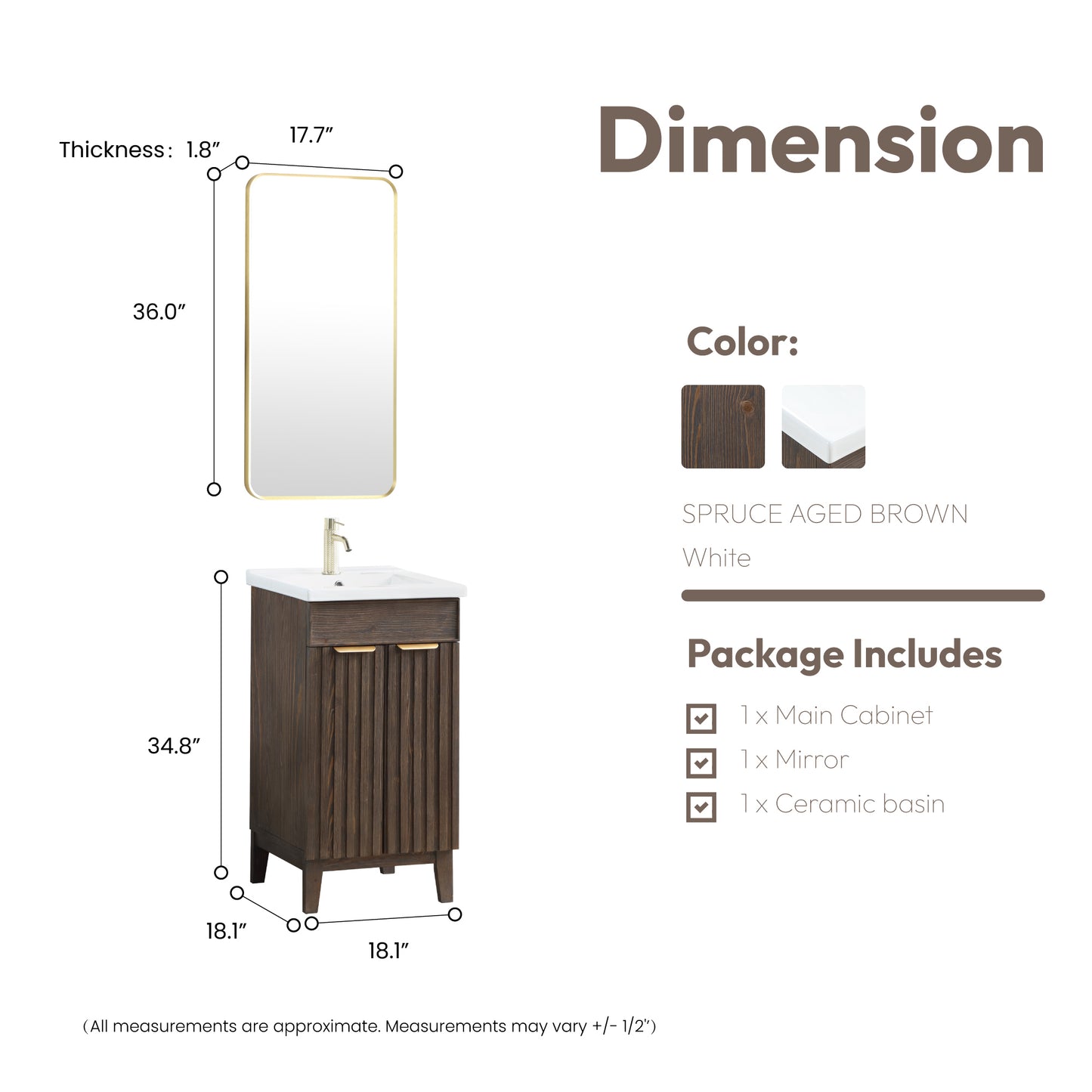 Vinnova, Palos 18" Free-standing Single Bath Vanity in Spruce Aged Brown with Drop-In White Ceramic Basin Top and Mirror