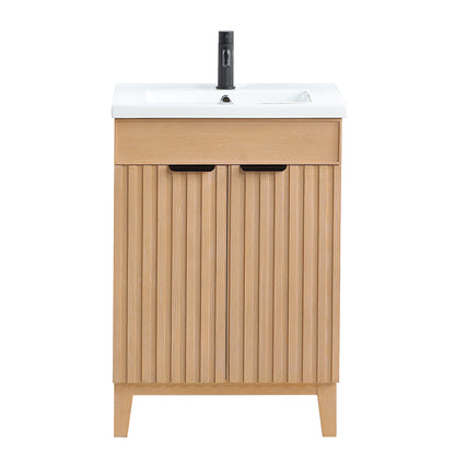 Vinnova, Palos 24" Free-standing Single Bath Vanity in Fir Wood Brown with Drop-In White Ceramic Basin Top