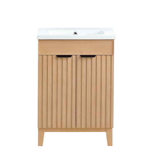 Vinnova, Palos 24" Free-standing Single Bath Vanity in Fir Wood Brown with Drop-In White Ceramic Basin Top