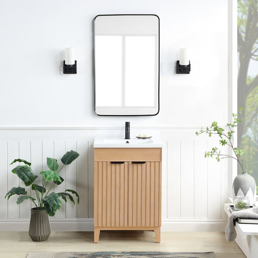 Vinnova, Palos 24" Free-standing Single Bath Vanity in Fir Wood Brown with Drop-In White Ceramic Basin Top and Mirror