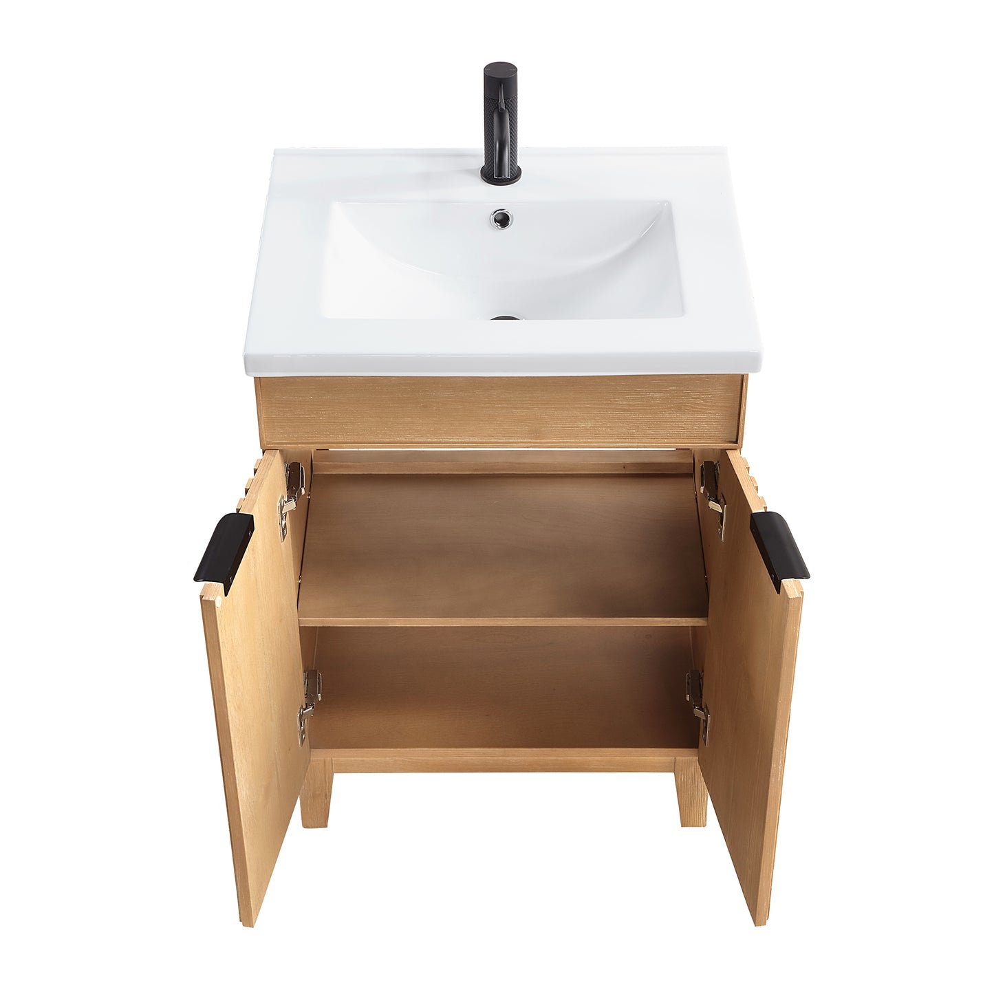 Vinnova, Palos 24" Free-standing Single Bath Vanity in Fir Wood Brown with Drop-In White Ceramic Basin Top and Mirror