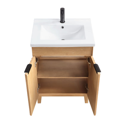 Vinnova, Palos 24" Free-standing Single Bath Vanity in Fir Wood Brown with Drop-In White Ceramic Basin Top and Mirror