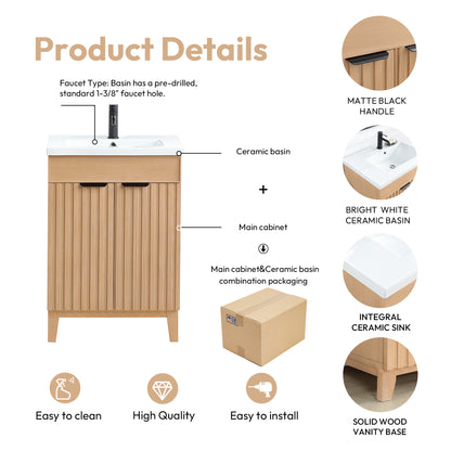Vinnova, Palos 24" Free-standing Single Bath Vanity in Fir Wood Brown with Drop-In White Ceramic Basin Top and Mirror