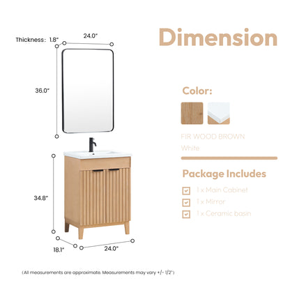 Vinnova, Palos 24" Free-standing Single Bath Vanity in Fir Wood Brown with Drop-In White Ceramic Basin Top and Mirror