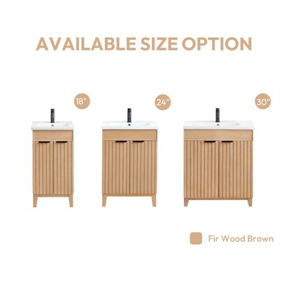 Vinnova, Palos 24" Free-standing Single Bath Vanity in Fir Wood Brown with Drop-In White Ceramic Basin Top and Mirror