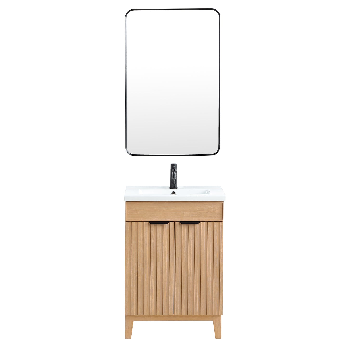 Vinnova, Palos 24" Free-standing Single Bath Vanity in Fir Wood Brown with Drop-In White Ceramic Basin Top and Mirror