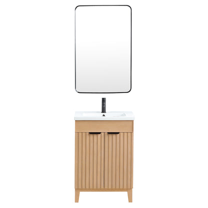 Vinnova, Palos 24" Free-standing Single Bath Vanity in Fir Wood Brown with Drop-In White Ceramic Basin Top and Mirror
