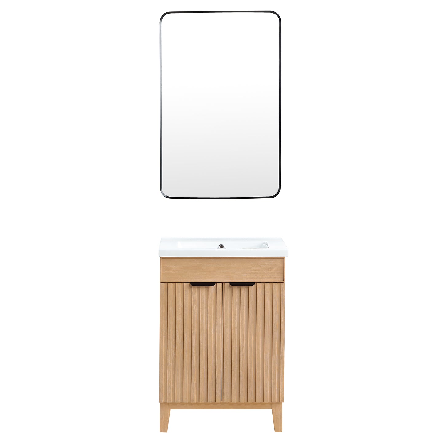 Vinnova, Palos 24" Free-standing Single Bath Vanity in Fir Wood Brown with Drop-In White Ceramic Basin Top and Mirror