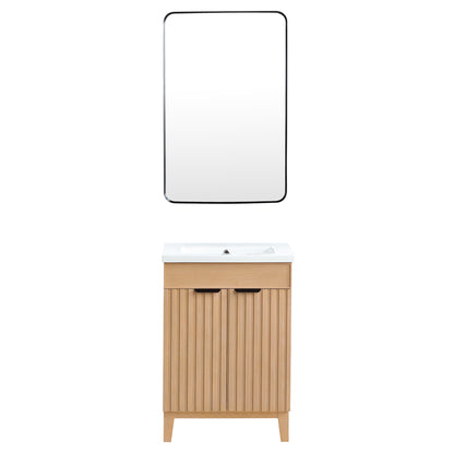 Vinnova, Palos 24" Free-standing Single Bath Vanity in Fir Wood Brown with Drop-In White Ceramic Basin Top and Mirror