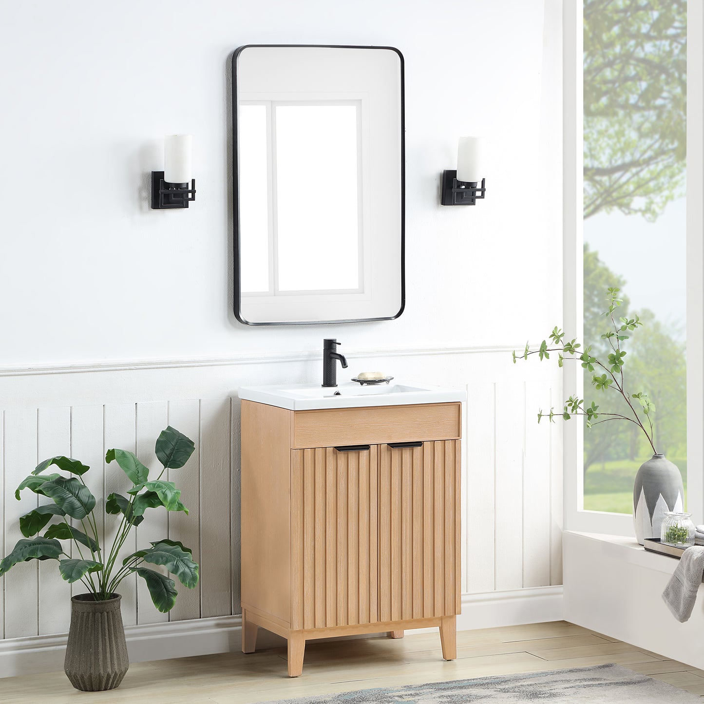 Vinnova, Palos 24" Free-standing Single Bath Vanity in Fir Wood Brown with Drop-In White Ceramic Basin Top and Mirror