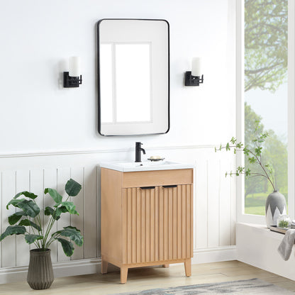 Vinnova, Palos 24" Free-standing Single Bath Vanity in Fir Wood Brown with Drop-In White Ceramic Basin Top and Mirror