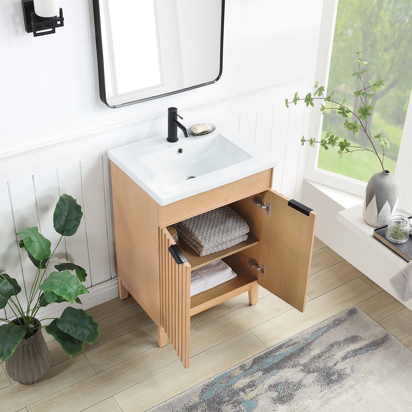 Vinnova, Palos 24" Free-standing Single Bath Vanity in Fir Wood Brown with Drop-In White Ceramic Basin Top and Mirror