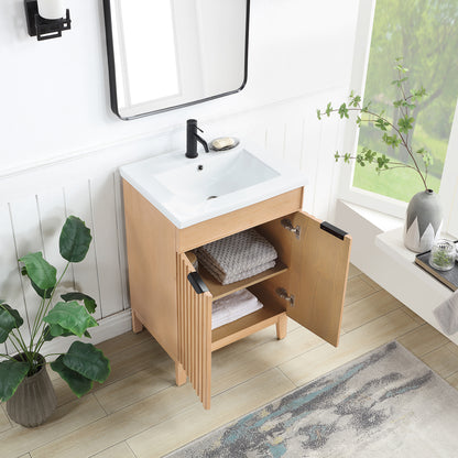 Vinnova, Palos 24" Free-standing Single Bath Vanity in Fir Wood Brown with Drop-In White Ceramic Basin Top and Mirror