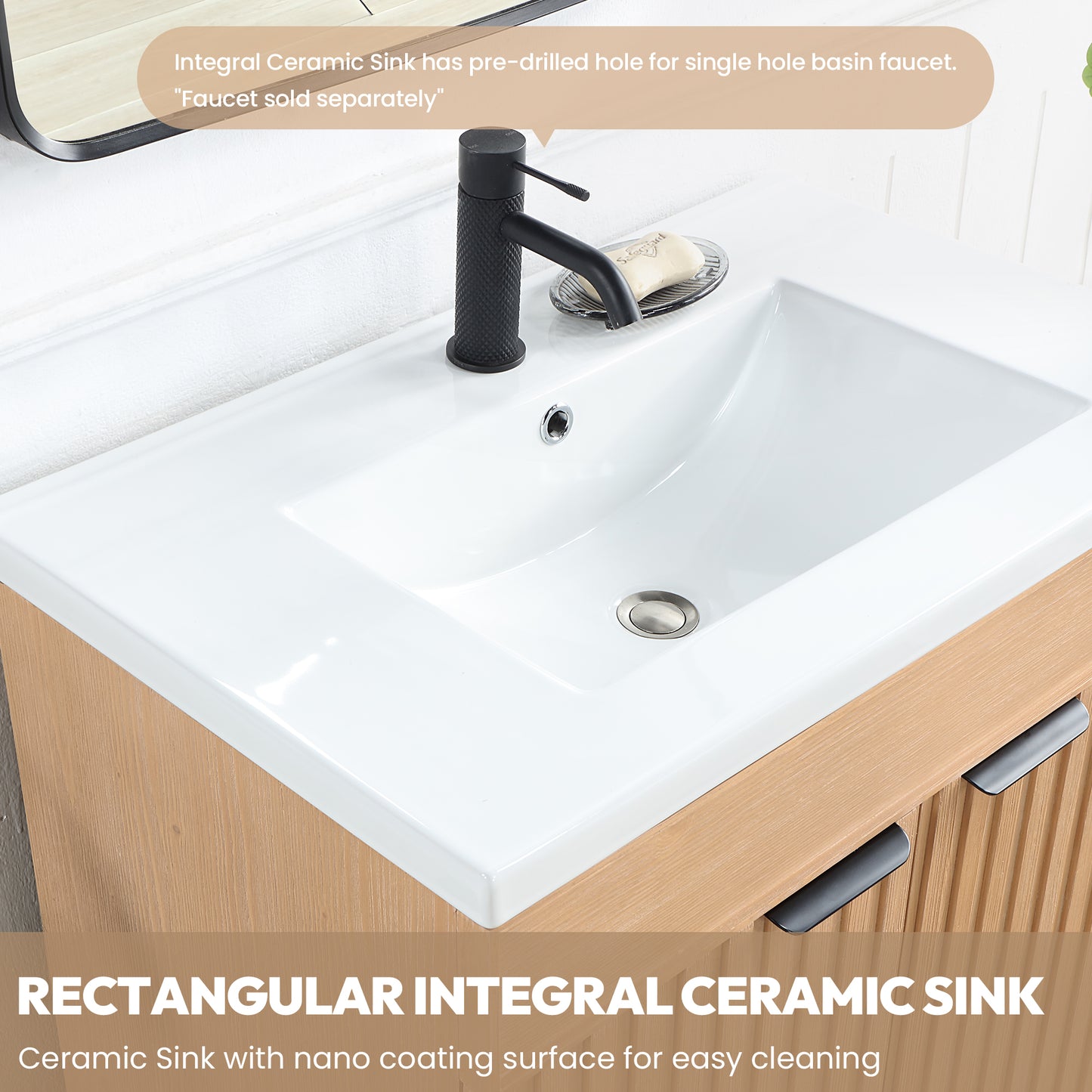 Vinnova, Palos 24" Free-standing Single Bath Vanity in Fir Wood Brown with Drop-In White Ceramic Basin Top and Mirror