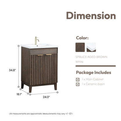 Vinnova, Palos 24" Free-standing Single Bath Vanity in Spruce Aged Brown with Drop-In White Ceramic Basin Top