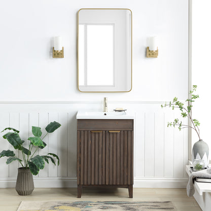 Vinnova, Palos 24" Free-standing Single Bath Vanity in Spruce Aged Brown with Drop-In White Ceramic Basin Top and Mirror