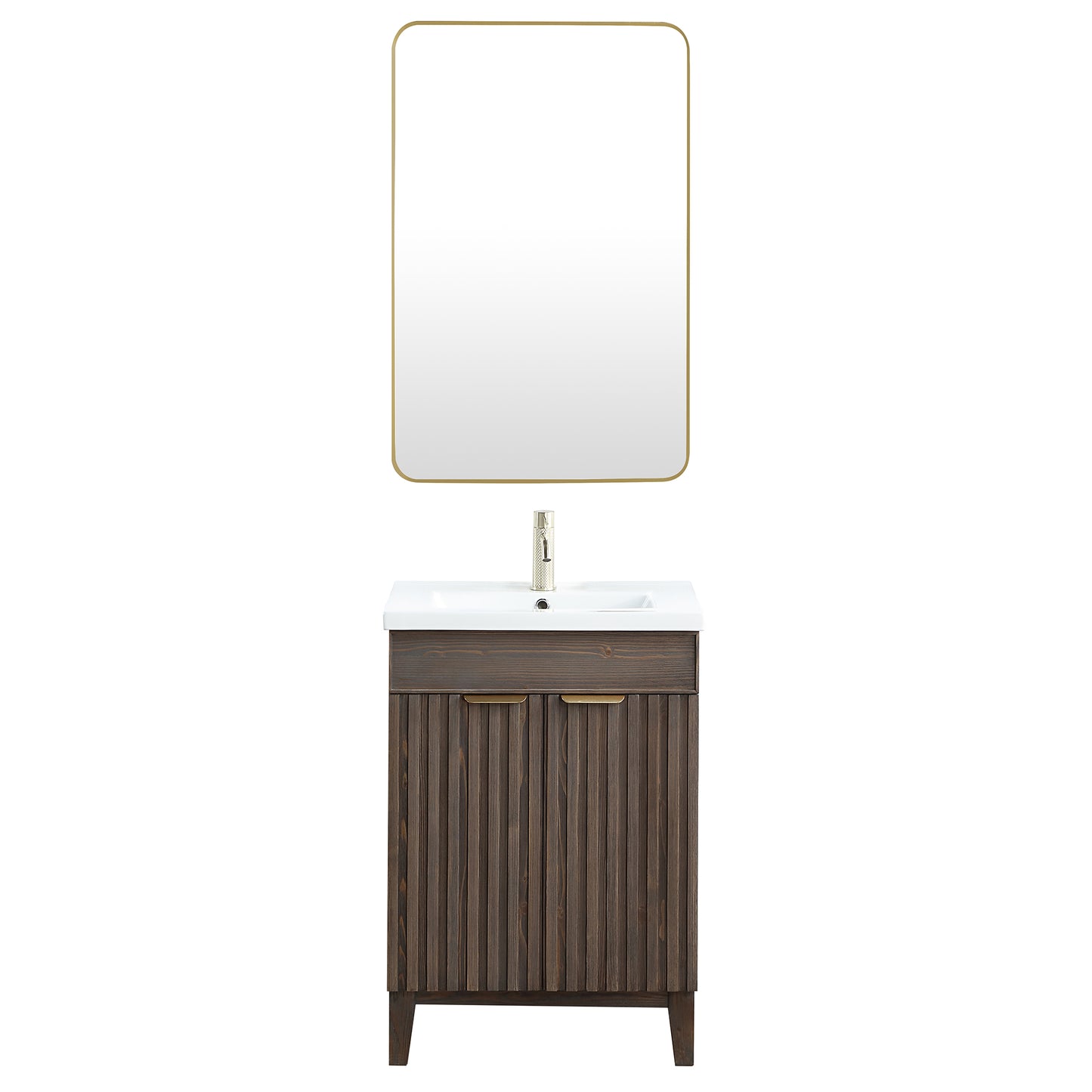 Vinnova, Palos 24" Free-standing Single Bath Vanity in Spruce Aged Brown with Drop-In White Ceramic Basin Top and Mirror
