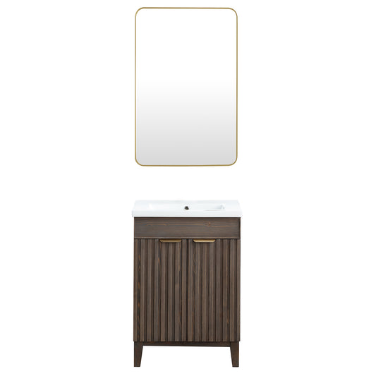 Vinnova, Palos 24" Free-standing Single Bath Vanity in Spruce Aged Brown with Drop-In White Ceramic Basin Top and Mirror