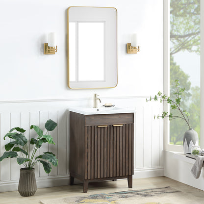 Vinnova, Palos 24" Free-standing Single Bath Vanity in Spruce Aged Brown with Drop-In White Ceramic Basin Top and Mirror